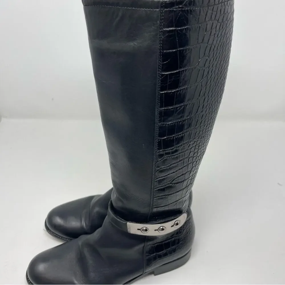 Missouri girl Italian fur lined black crock leather embossed tall riding boots
